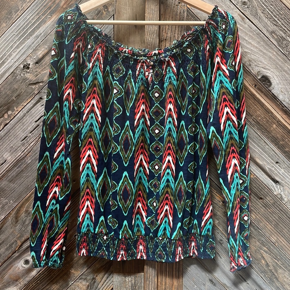 Lucky Brand Tops Aztec Print Elastic Bottom & Neck Long Sleeve Neck